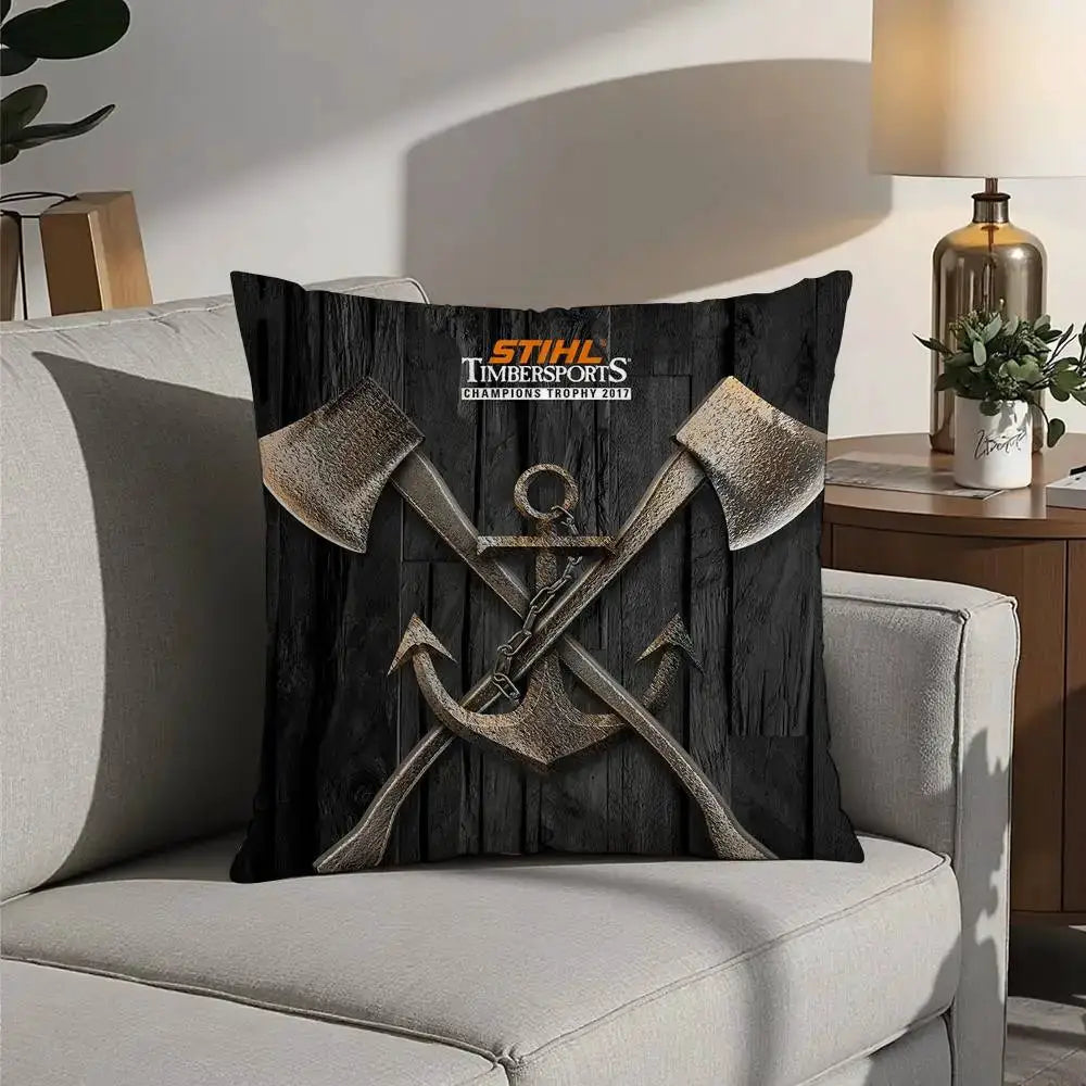 Pillow case decorative cushion cover with STIHL Timbersports logo and crossed axes on black wood background