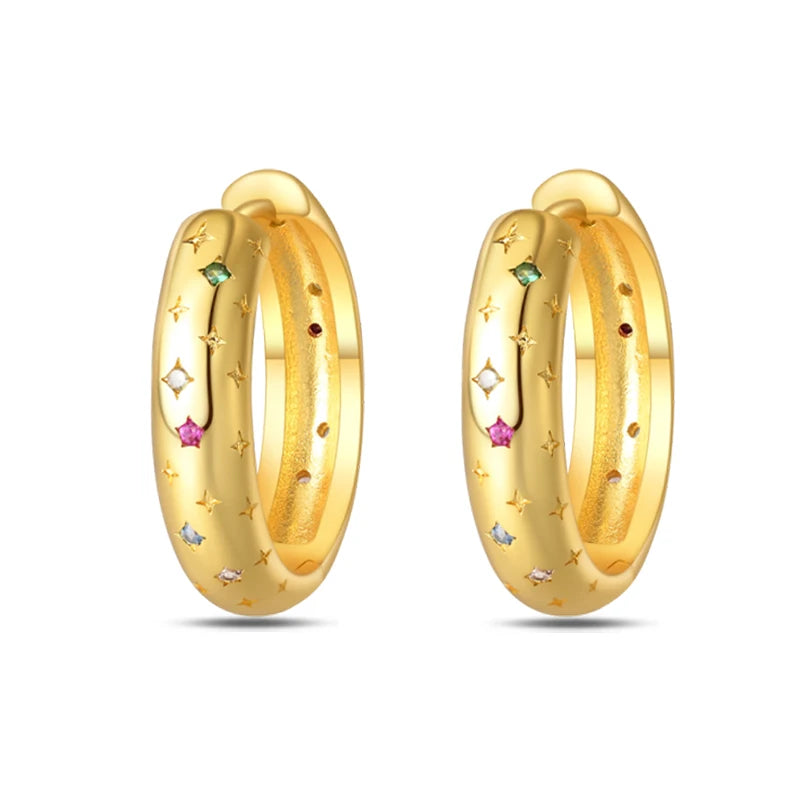Gold-tone hoop earrings with star motifs and colorful stones, pair by Simples Market.