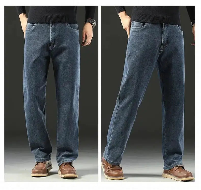 Spring and Autumn Men's Baggy Jeans, blue denim, loose straight-leg wide-leg trousers; front and side views