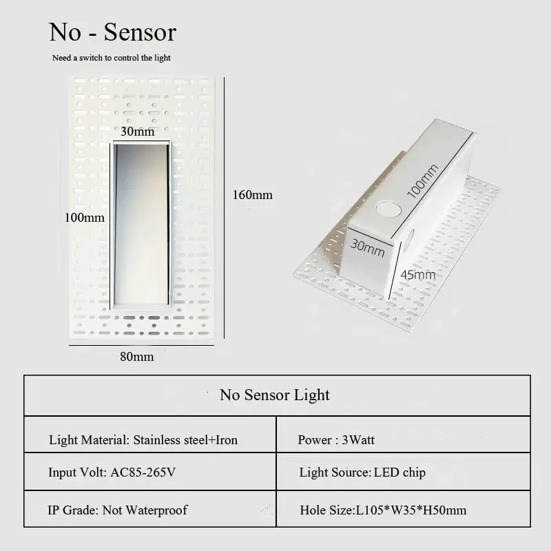 Embedded frameless LED stair wall lamp by Simples Market; stainless steel+iron, 3W, 100–240V