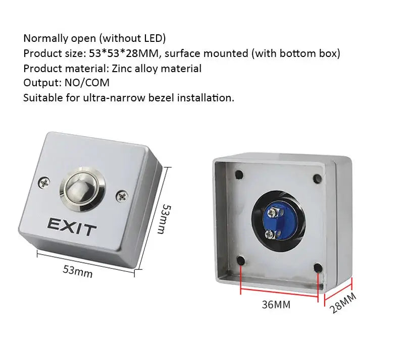Simples Market zinc alloy exit button on silver square panel with EXIT label; wall-mount push switch for door access