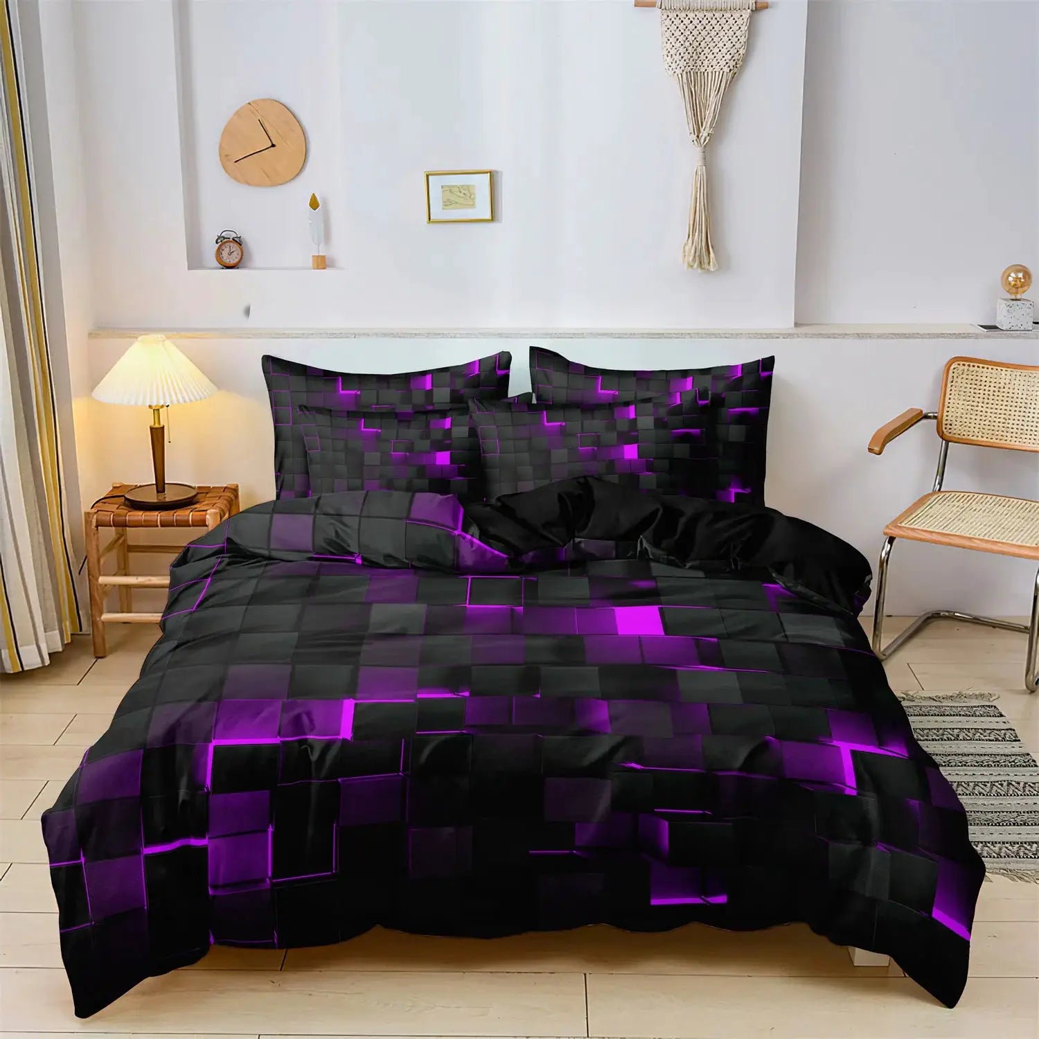 Simples Market 3pc duvet cover set with black-purple geometric grid pattern and 2 pillowcases