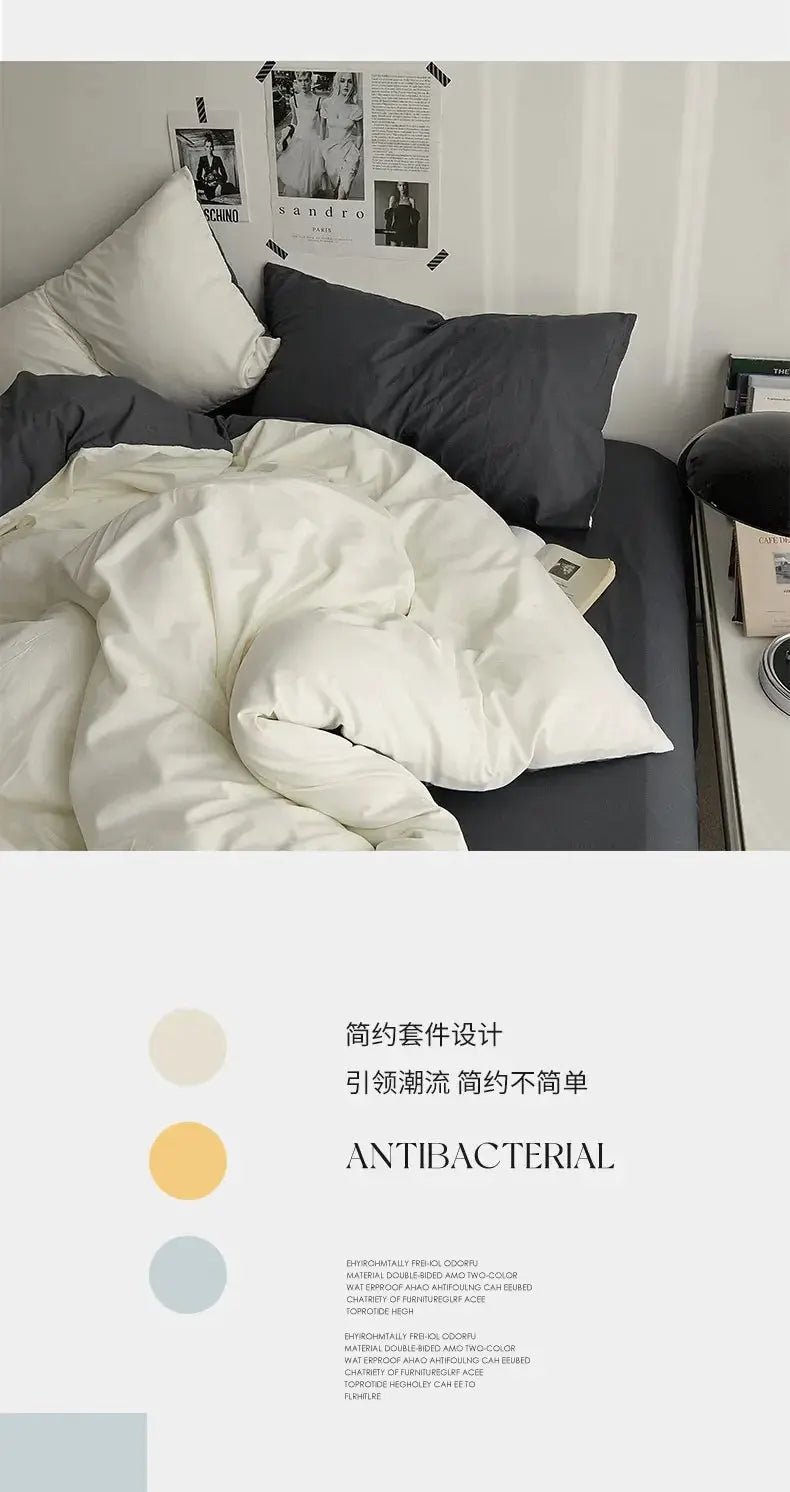 4-piece Simples Market bedding set; solid-color double-washed cotton with white duvet on a dark gray bed