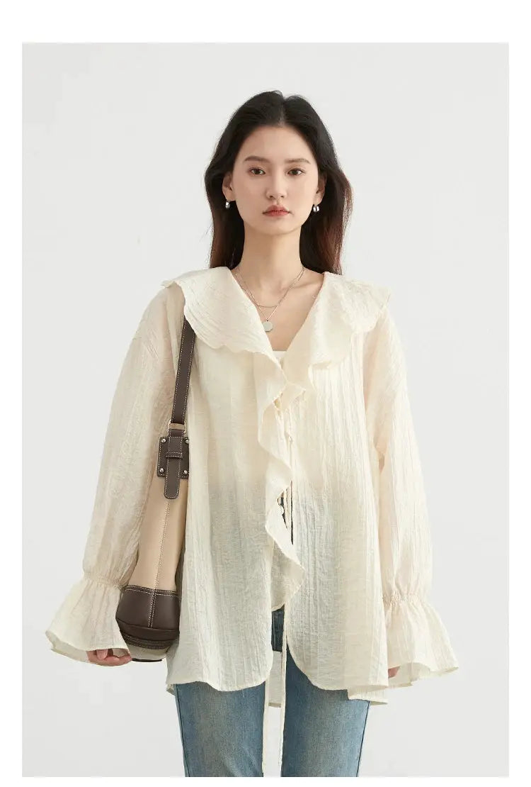 Cream CHIC VEN women's loose blouse with cascading ruffles, V-neck lace-up and long flared sleeves