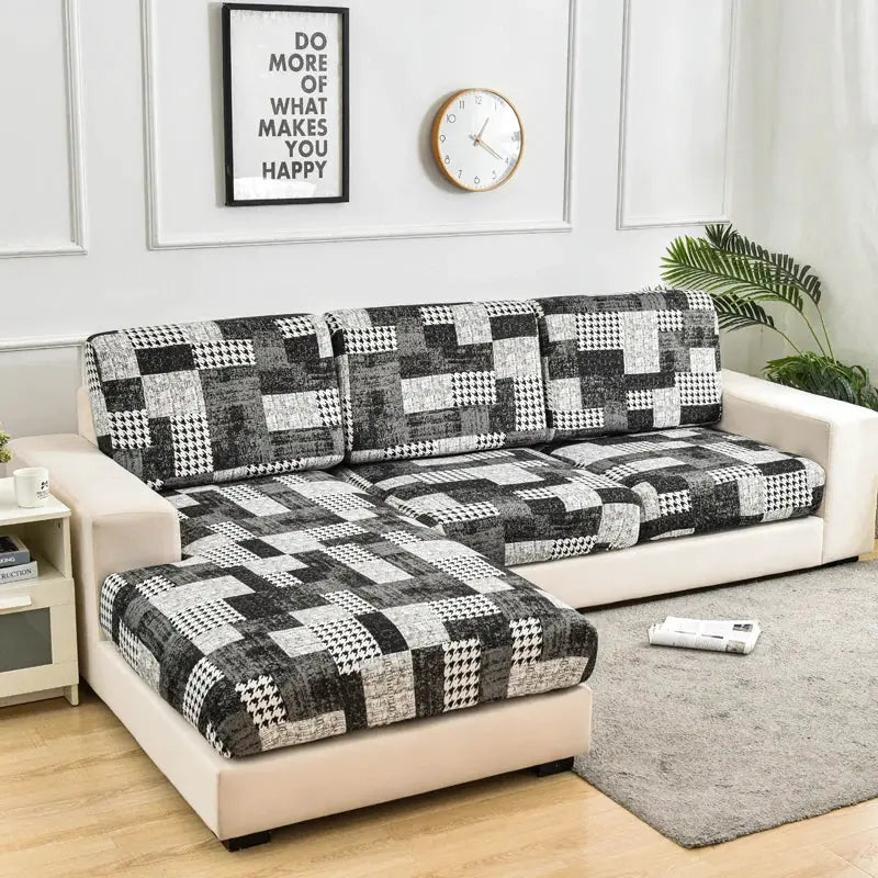 L-shaped sofa slipcovers in black and white patchwork geometric pattern for couch and chaise Simples Market