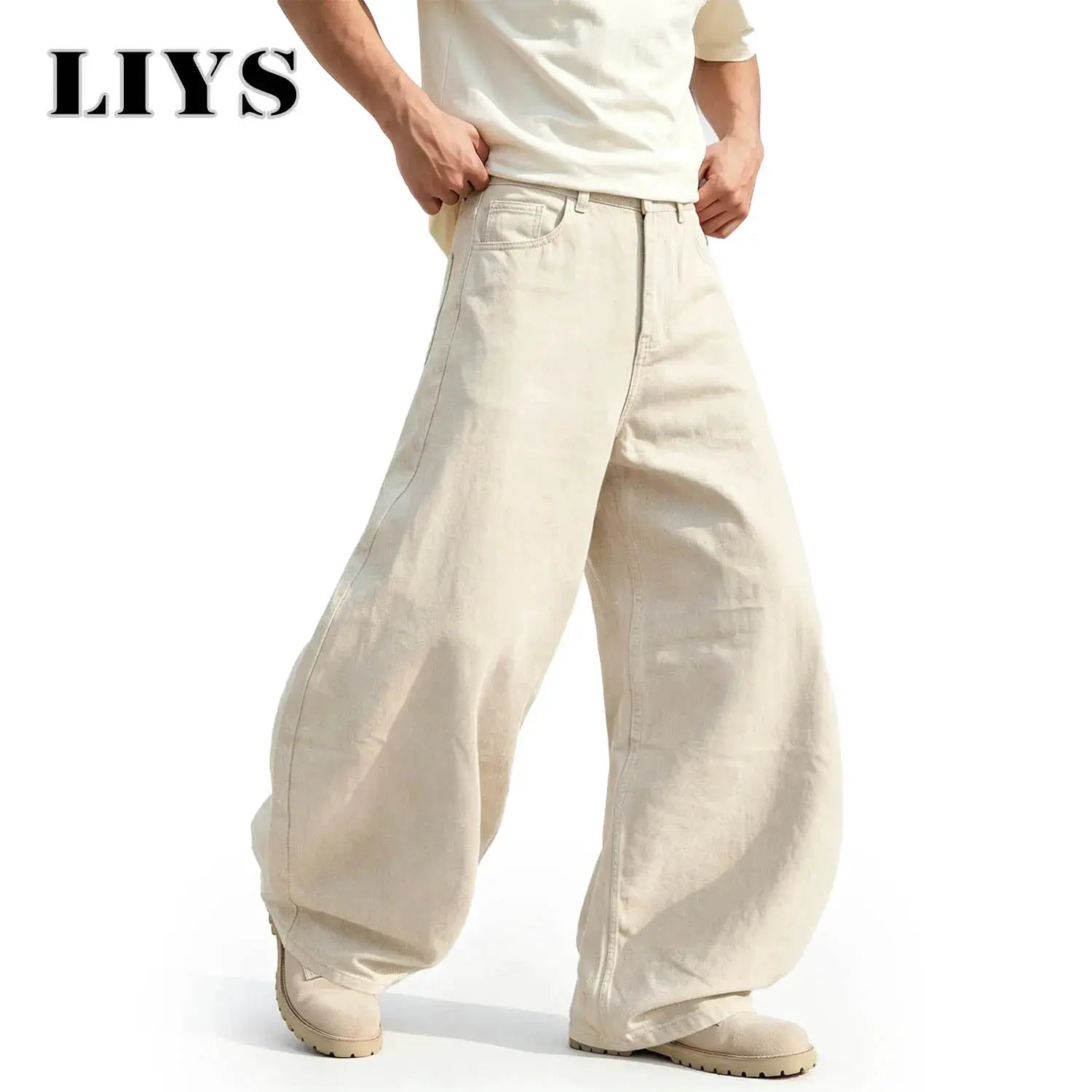 LIYS men's beige loose wide-leg denim jeans, high-waisted streetwear pants