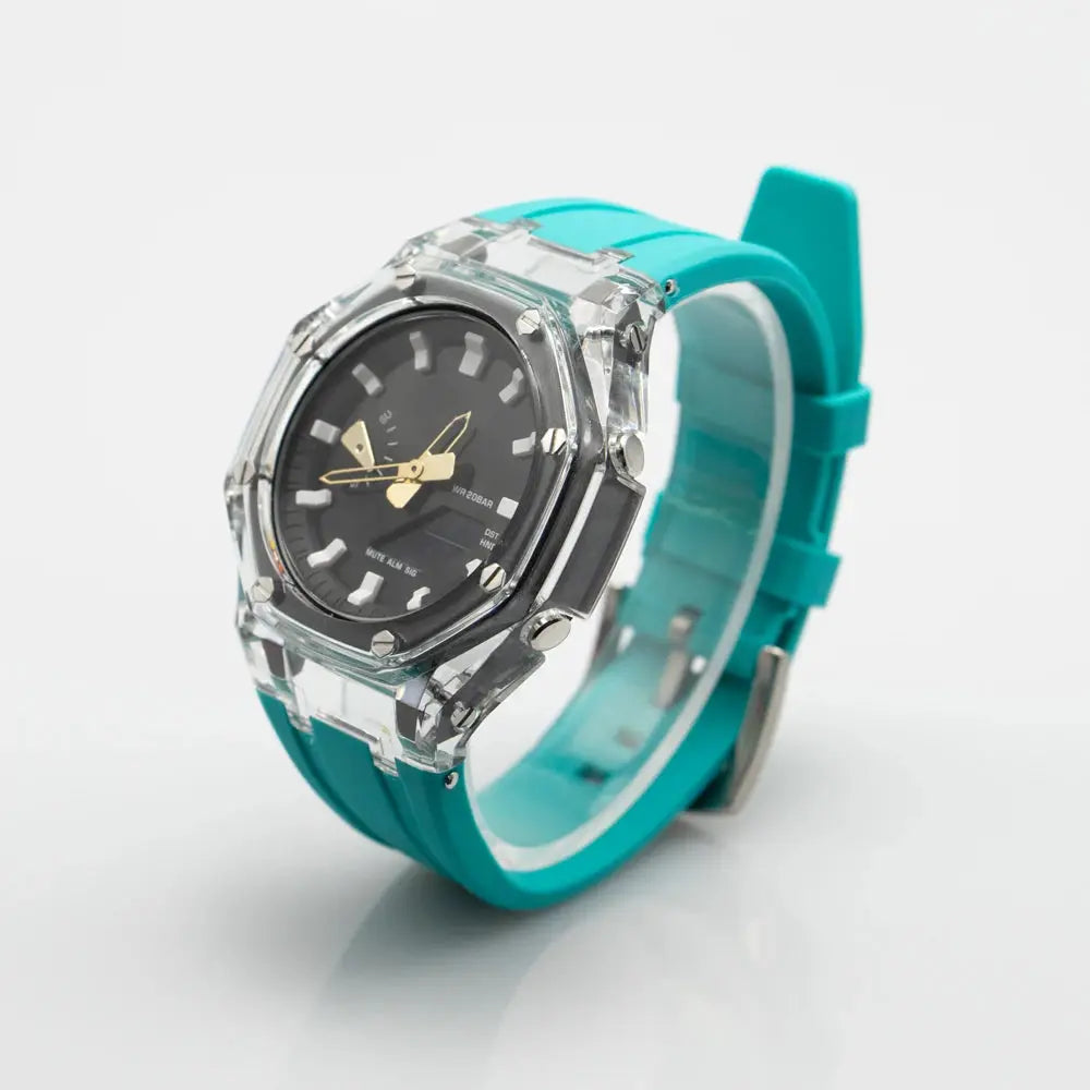 Transparent Casioak mod kit with teal rubber strap and clear PC case for GA2100/GA2110 watches