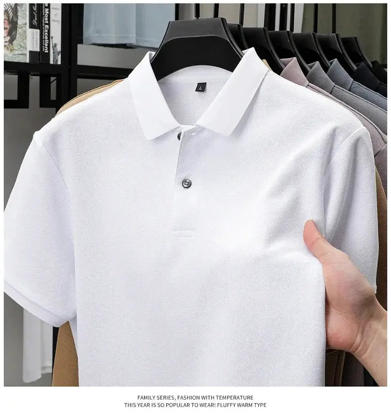 Simples Market men's white 100% cotton polo shirt; breathable casual golf polo with colored shirts in background.