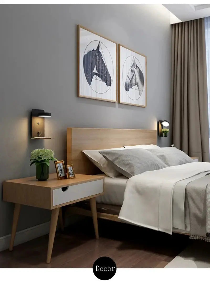 Simples Market bedroom LED wall lamps with USB charging; black modern wall sconces with switches, two bedside lamps.