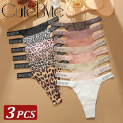 3Pcs set low-rise thong underwear with rhinestone letter straps in assorted colors including leopard print and solids