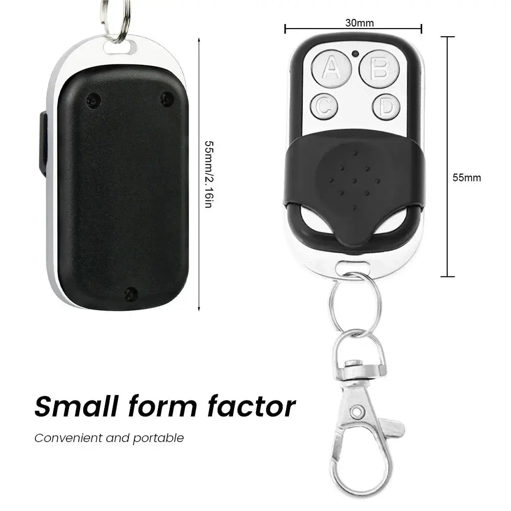 Universal 4-button garage door remote on a keychain, black and silver with A B C D buttons.