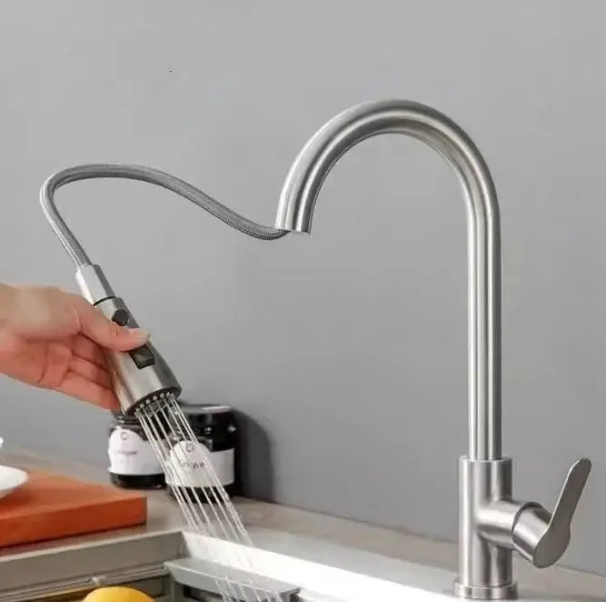 Kitchen faucet with single-hole pull-out spray head in chrome with black spray nozzle