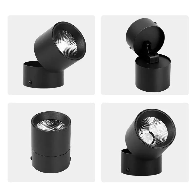 Black cylindrical LED spot downlight; 220V surface-mounted ceiling lamp with adjustable head.