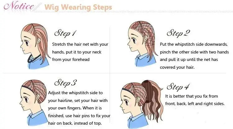 Kochou Kanae cosplay wig step-by-step wearing guide illustration, synthetic black long wig for Kimetsu no Yaiba