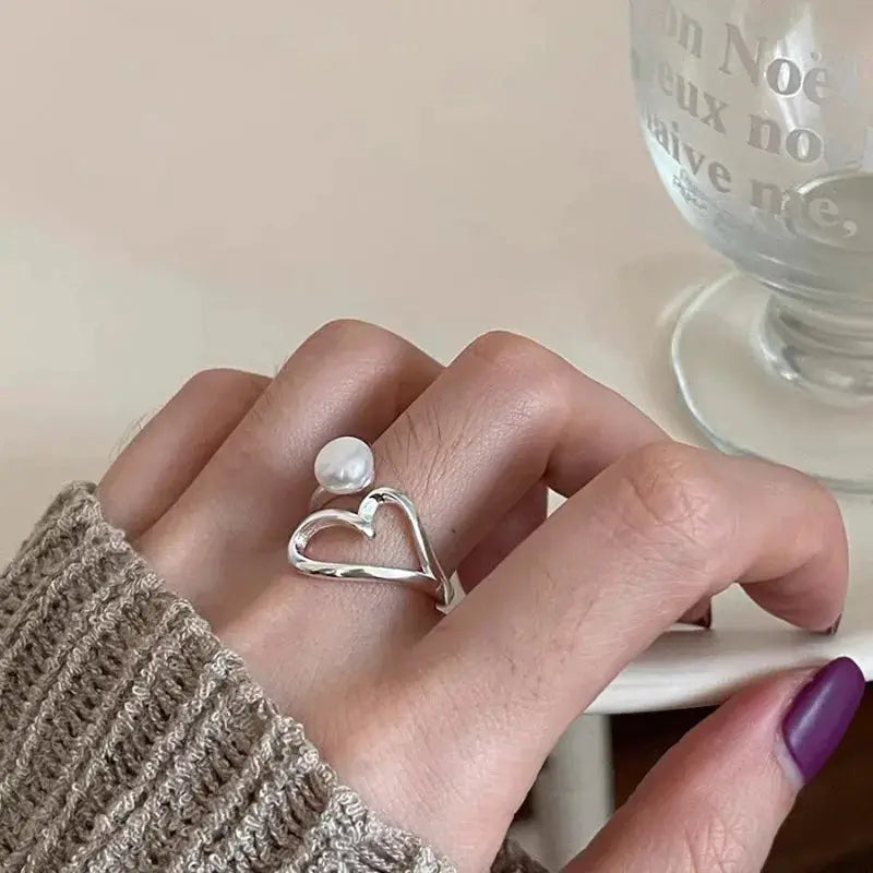 925 Sterling Silver Love Heart Ring With Hanadama Pearl For Women Gift Jewelry Birthday