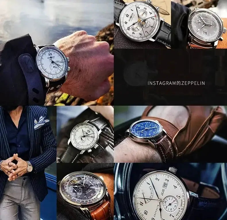 Watch collage: nine leather-strap chronograph watches with silver/blue dials and automatic date displays.