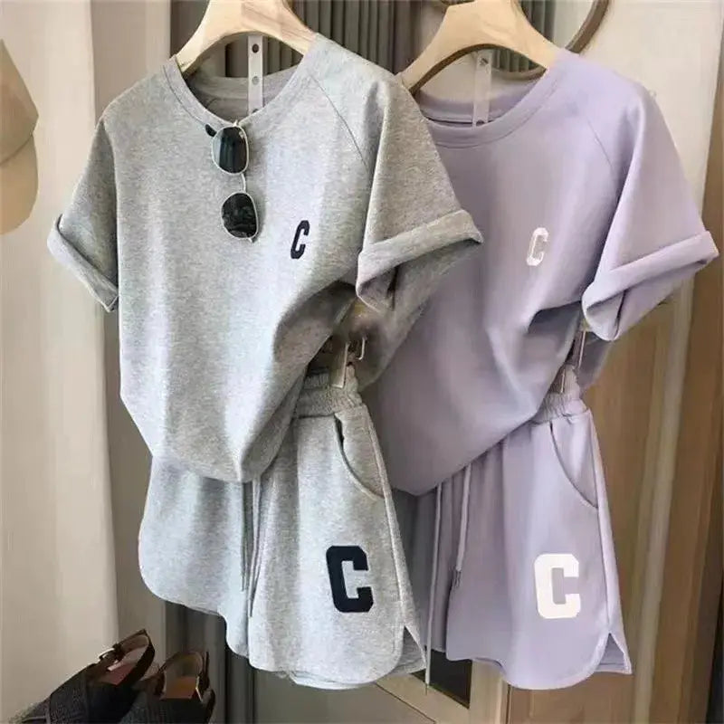 Women 2 Piece Summer Pajama Set Loose Short Sleeve T Shirt And Casual Shorts Sports Print Letter Design Large Size