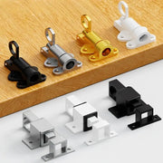Automatic aluminum alloy spring latch hardware kit with self-closing barrel bolts in black, silver, gold, and white.