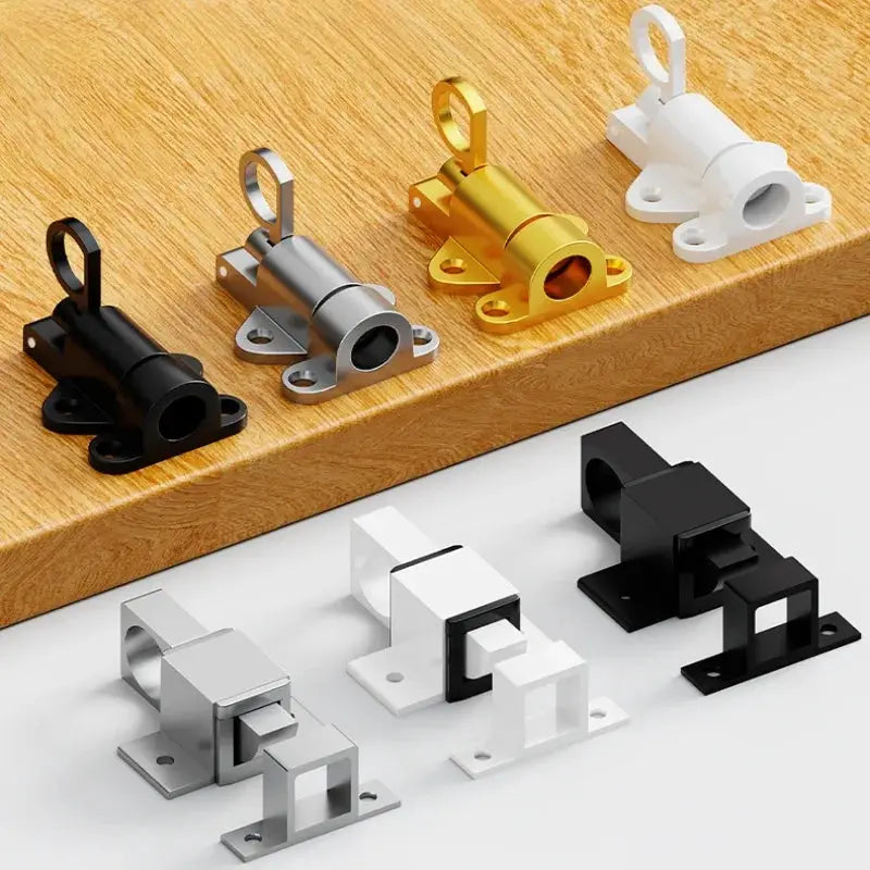 Automatic aluminum alloy spring latch hardware kit with self-closing barrel bolts in black, silver, gold, and white.