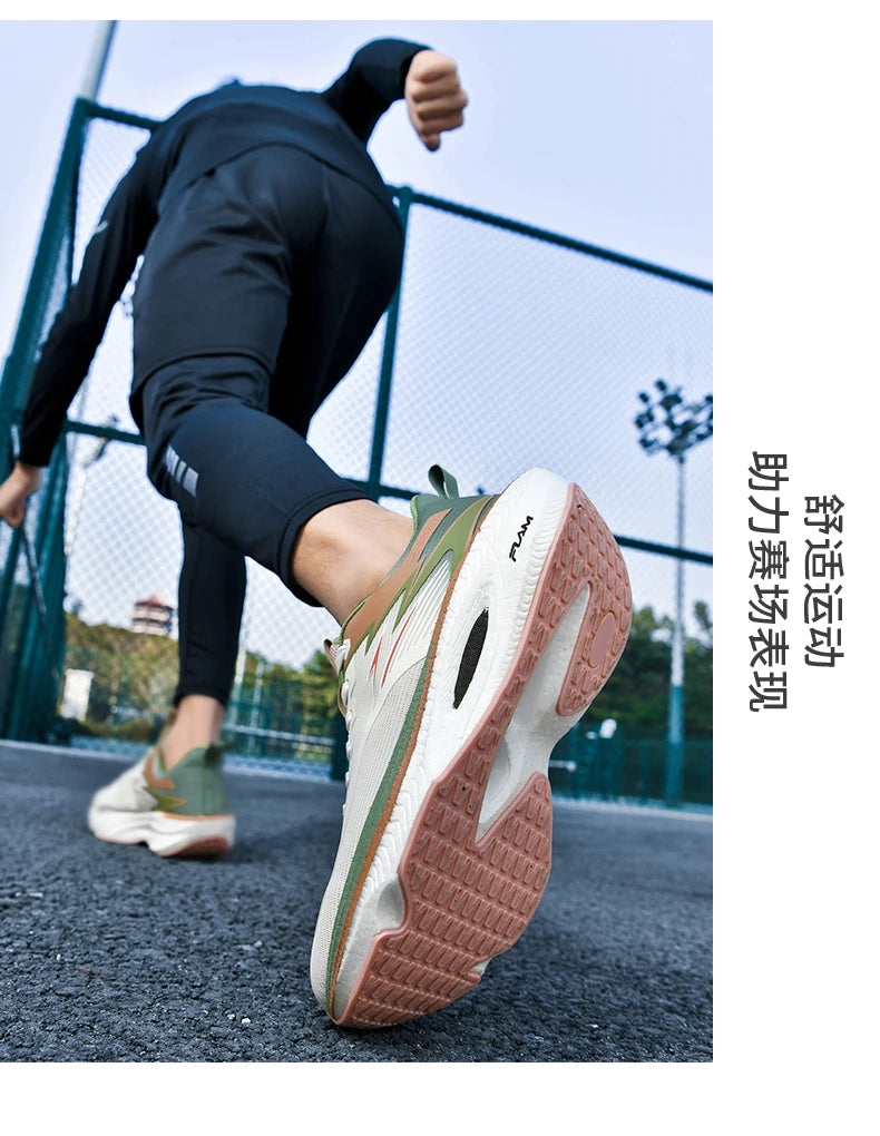Men's running shoes by Simples Market with breathable white upper and olive-green accents, air-cushion outsole.