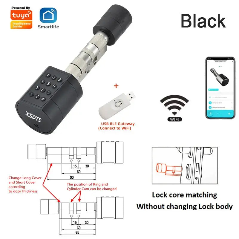 Fingerprint cylinder smart door lock in black, Tuya-enabled with keypad and USB BLE gateway