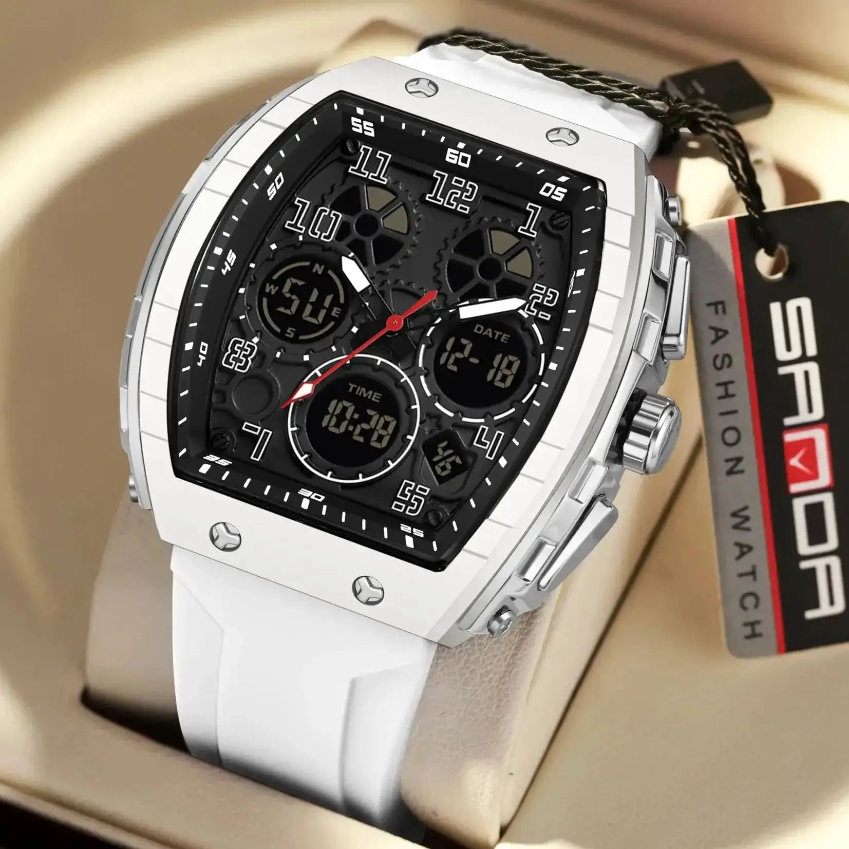 SANDA Tonneau Dial Digital Watch for Men Military Sport Dual Time Analog Digital LED Waterproof Wrist Clock