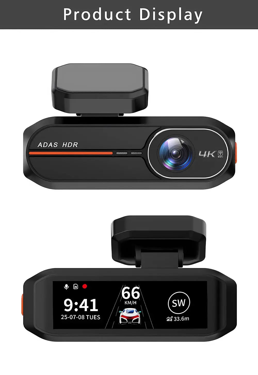 Dash cam in black with 4K lens and ADAS HDR, built-in display