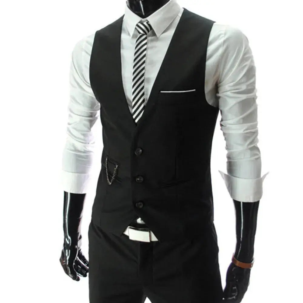 7XL men's black dress waistcoat with white shirt and striped tie on mannequin