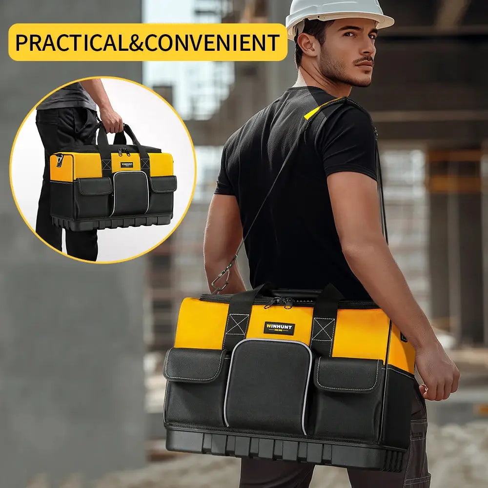 WINHUNT heavy-duty tool bags, yellow/black with molded bottoms and wide mouths; two bags shown