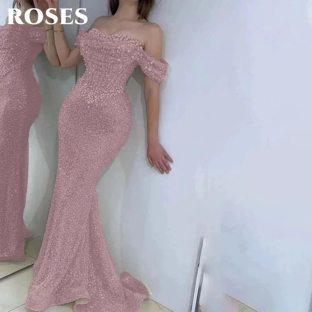 Roses Pearl Prom Dress Sweetheart Off Shoulder Gown With Sequins