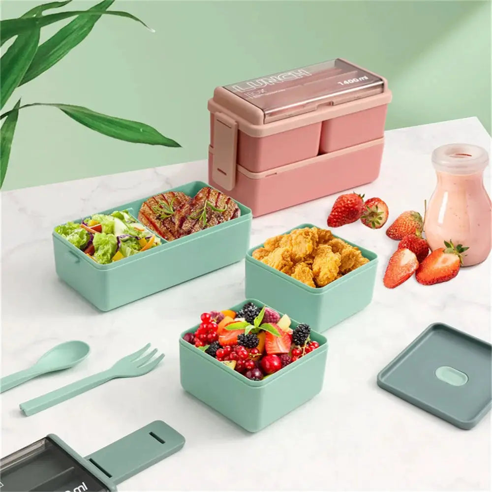 Portable Double Layer Lunch Box For Kids With Fork And Spoon Microwave Safe Bento Box Food Storage Container