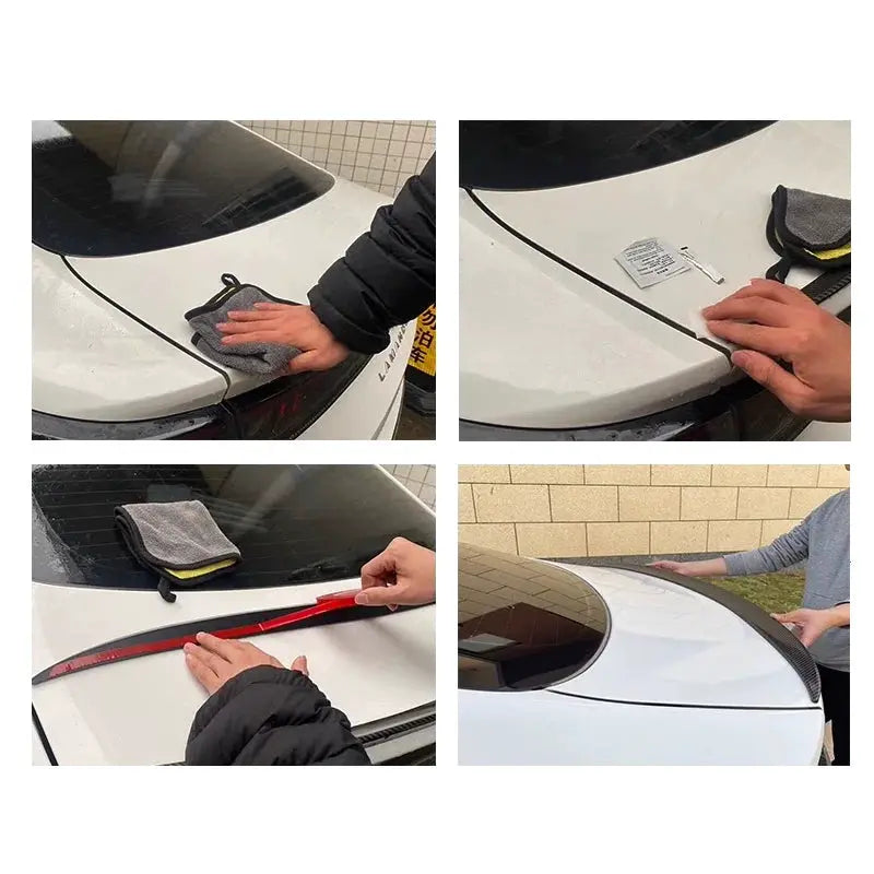 Black M3-style rear trunk spoiler lip cover for BMW 3 Series E92 coupe; installation steps shown.