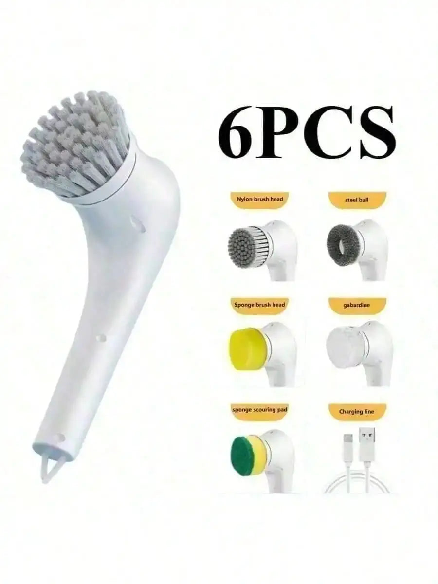 6-piece electric cleaning brush set with white handle and six interchangeable heads for bathroom and kitchen cleaning