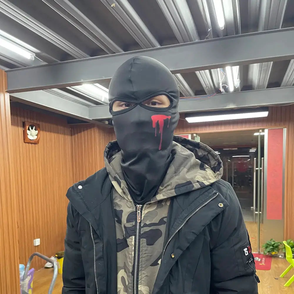 Balaclava mask, black full-face with red dripping accent