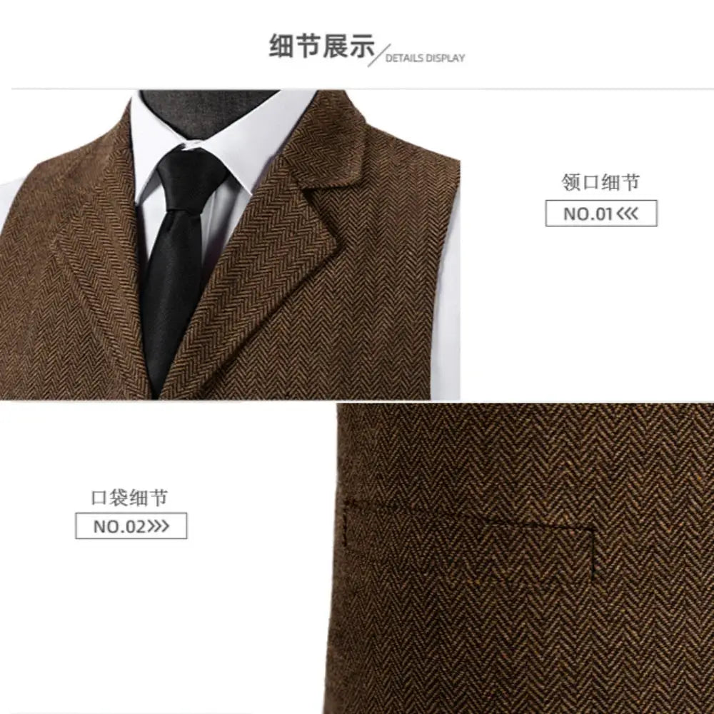 Wool tweed waistcoat for men by Simples Market, brown herringbone for weddings