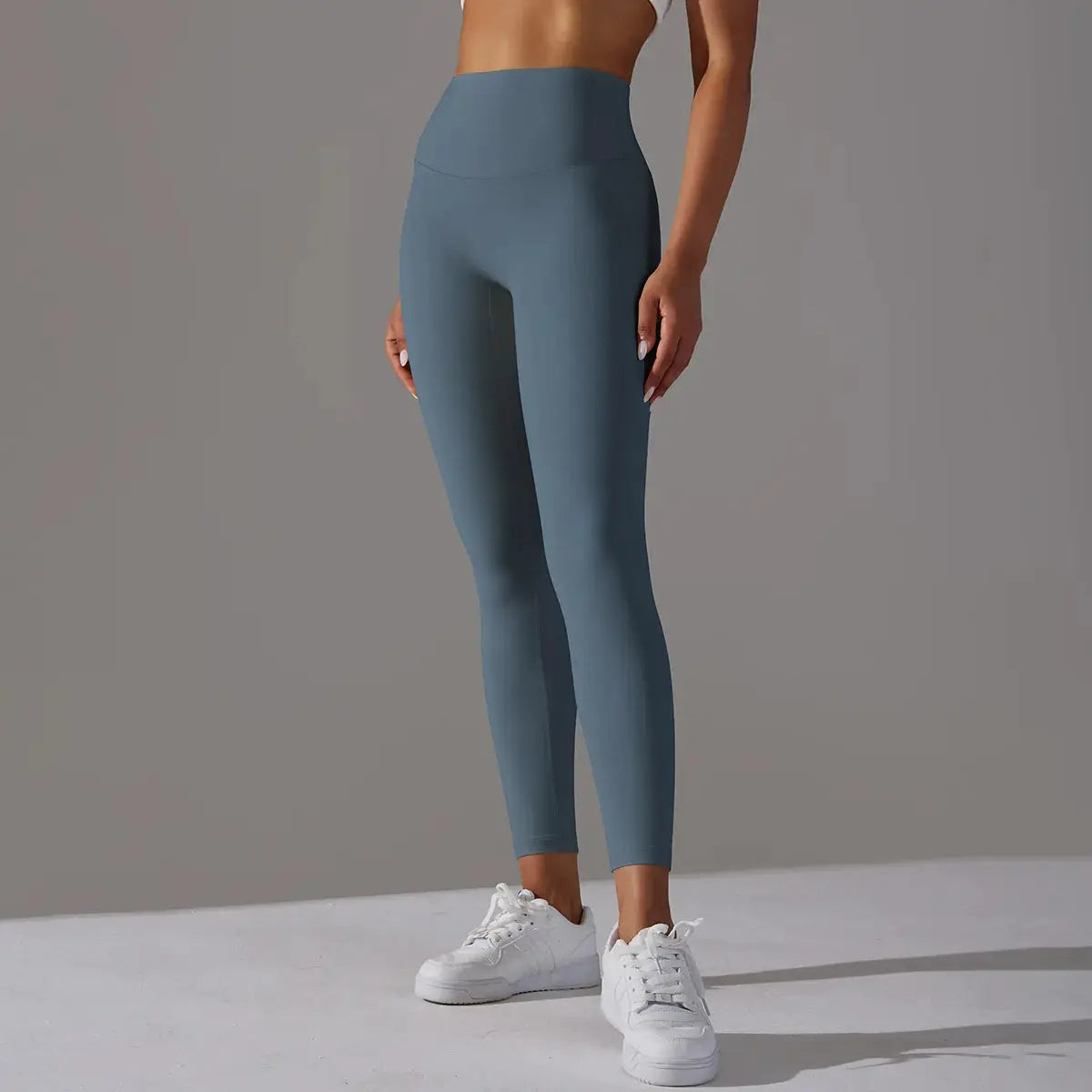 High-waist naked-feeling leggings for women in blue-grey, full-length fitness yoga gym pants