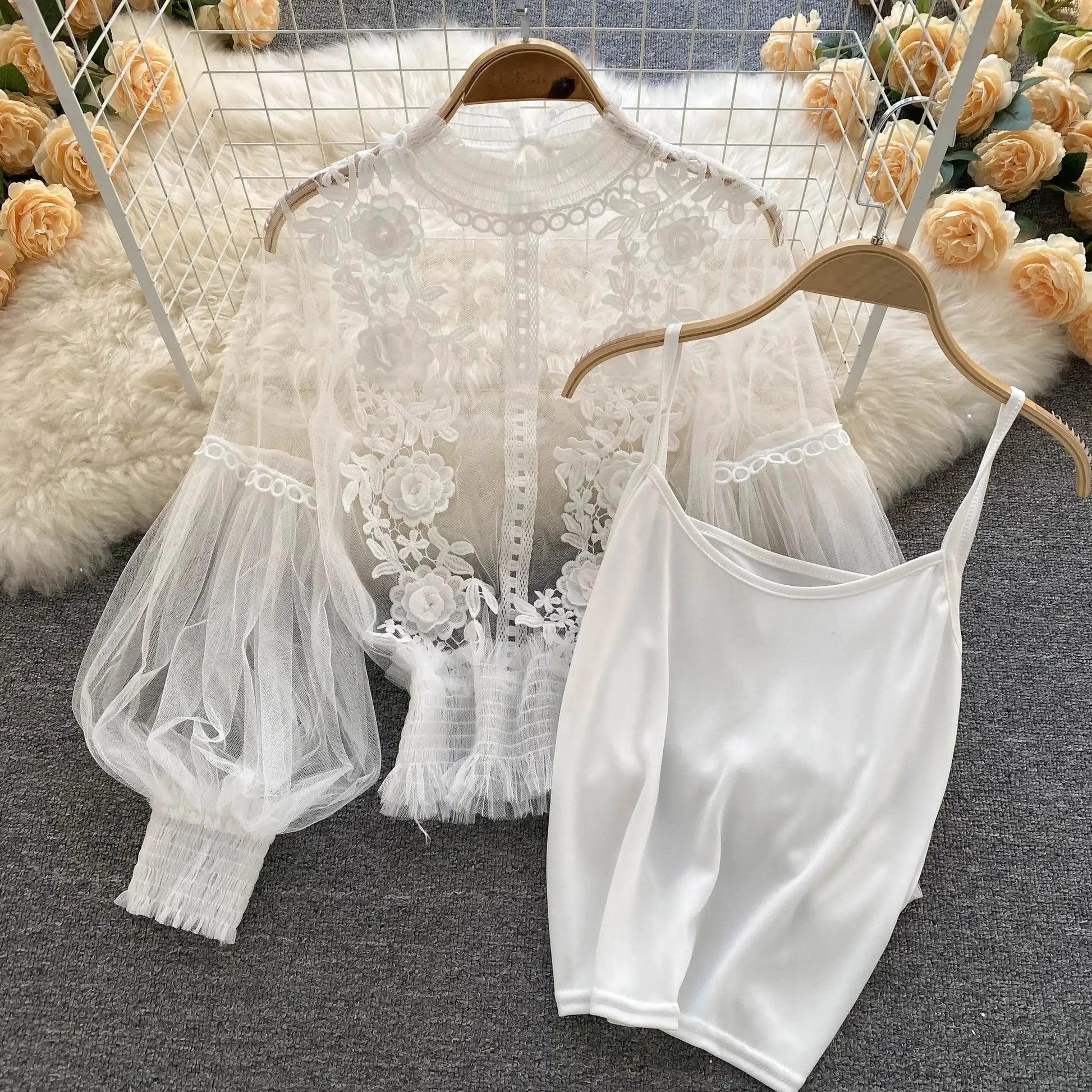 Lace puff long-sleeve blouse, white sheer lace with floral embroidery, Simples Market