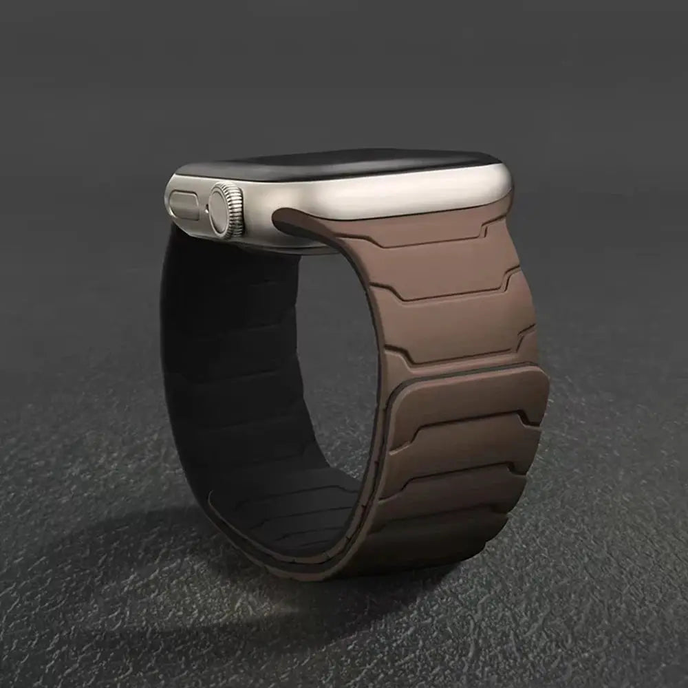 Simples Market silicone magnetic strap for Apple Watch, brown, fits 40–49mm sizes.