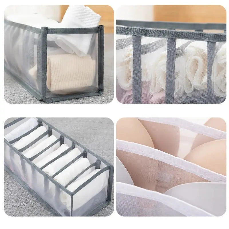 Simples Market organizer storage box for panties and socks; grey mesh fabric with multiple compartments