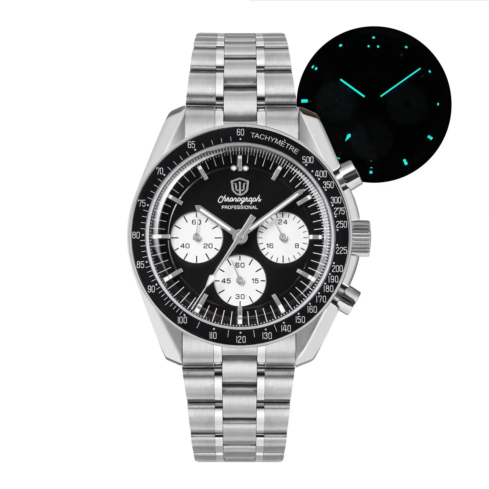 Watchdives WD1863 chronograph watch with stainless steel bracelet, black dial, white subdials, tachymeter, luminous hands