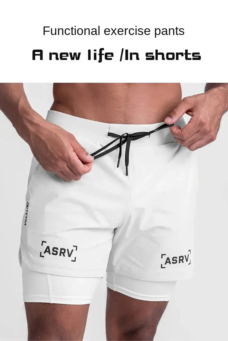 ASRV men's 2-in-1 double-deck shorts in white with black drawstring and ASRV branding on legs