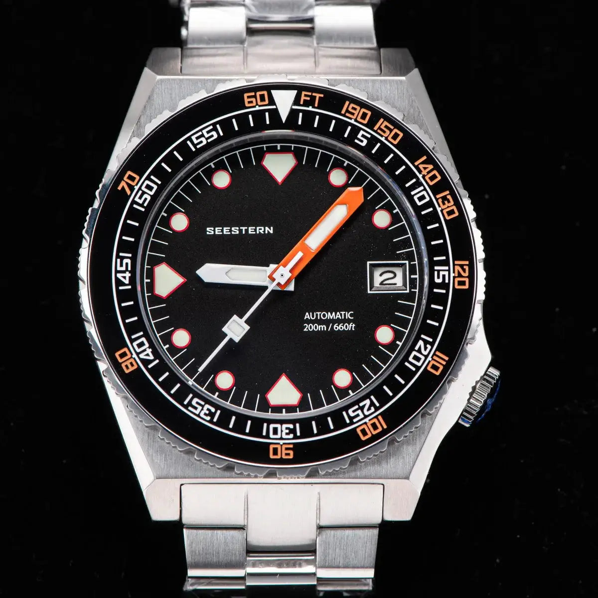 Seestern SUB600T V3 automatic dive watch, stainless steel bracelet, black dial, orange accents, ceramic bezel