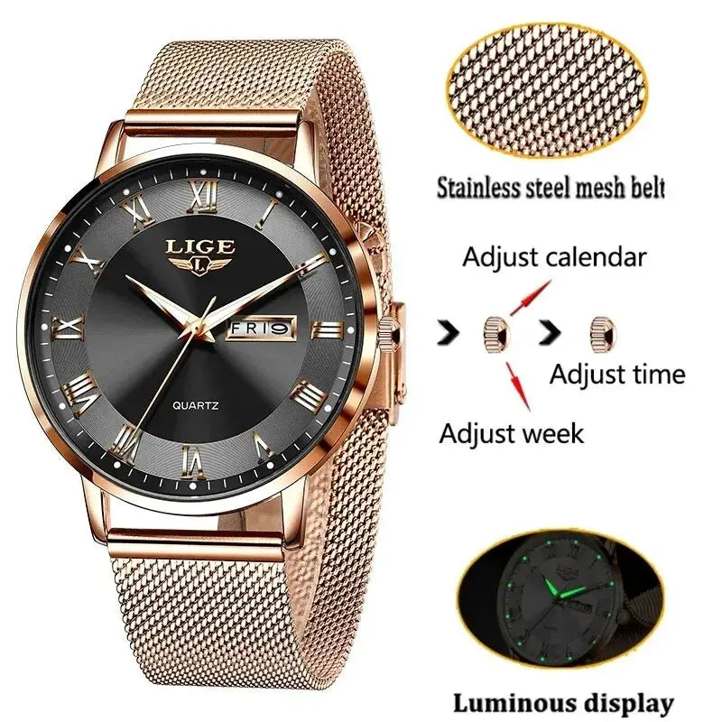 LIGE women's rose-gold stainless steel mesh watch with black dial, Roman numerals, and luminous display