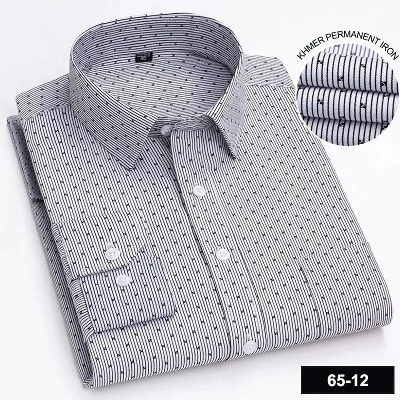 Men's long-sleeve shirt with white base and navy plaid pinstripe print, folded.