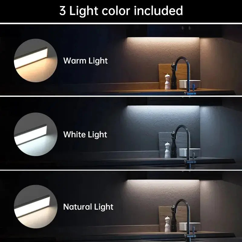 LED motion sensor under-cabinet light with 3 color options: warm, white, natural