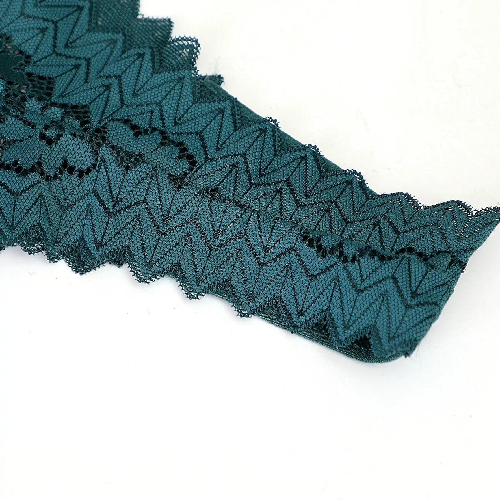 Teal lace trim with zigzag geometric pattern and scalloped edge for lingerie