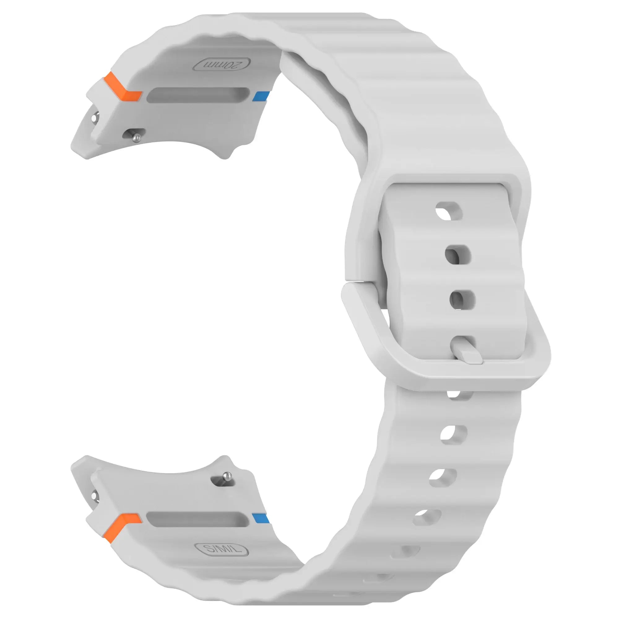 Original silicone strap for Galaxy Watch 7/FE/5 Pro/6/4 by Simples Market, white with orange and blue accents