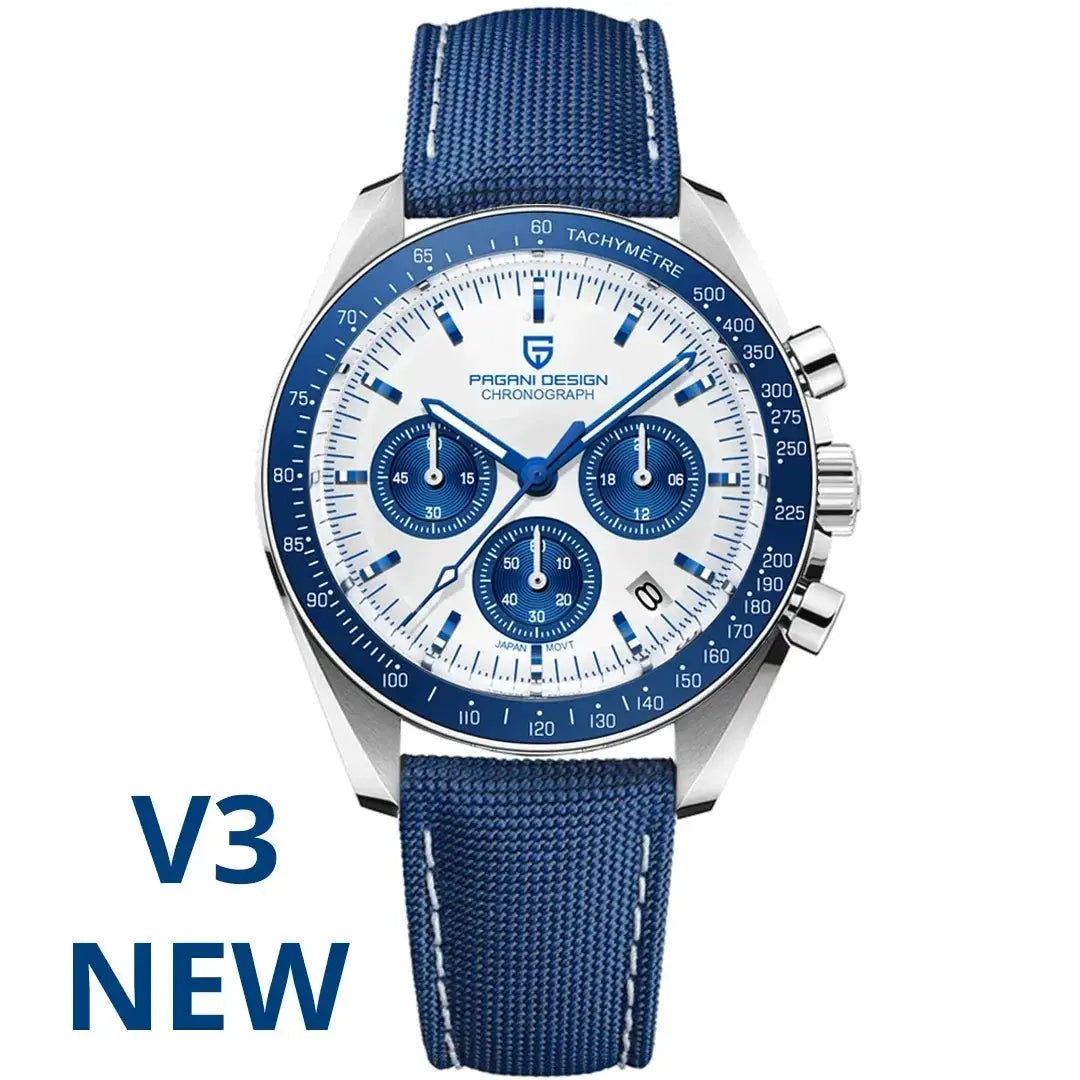 PAGANI DESIGN men's quartz chronograph watch with blue bezel, white dial, blue fabric strap