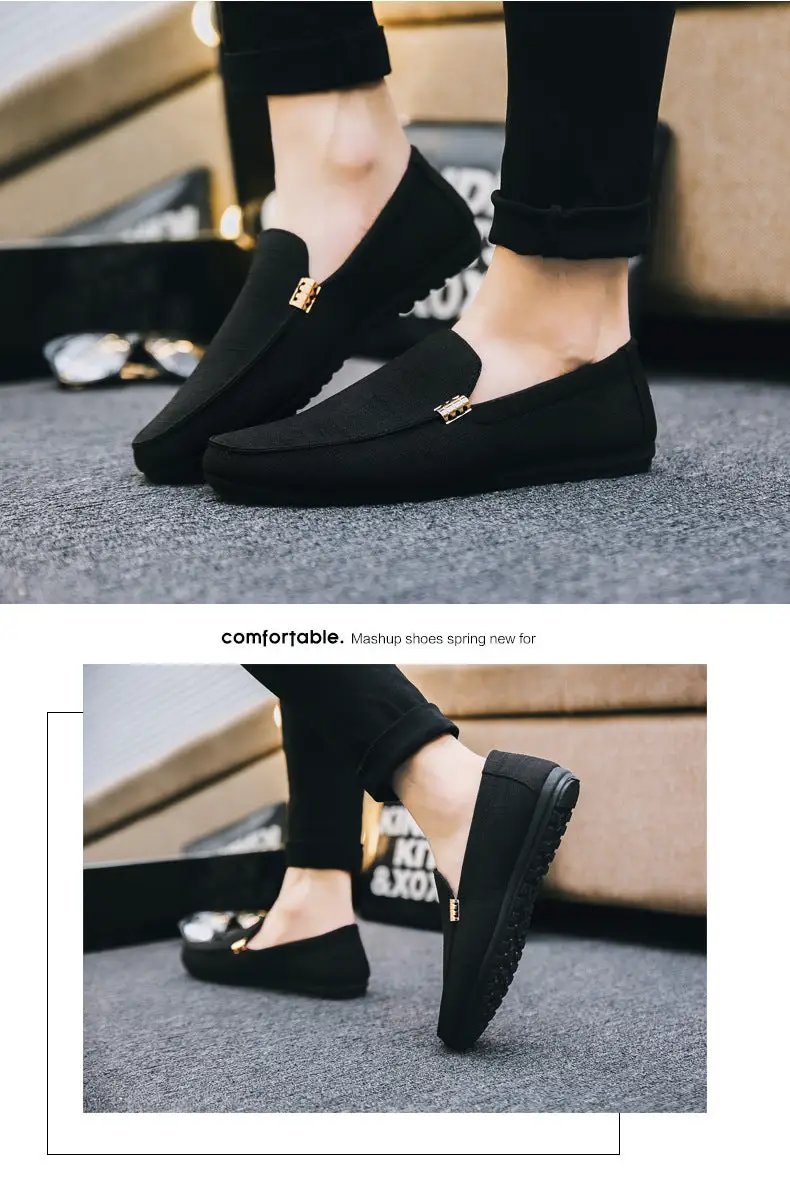 Simples Market men's black canvas slip-on loafers with gold buckle detail, pair