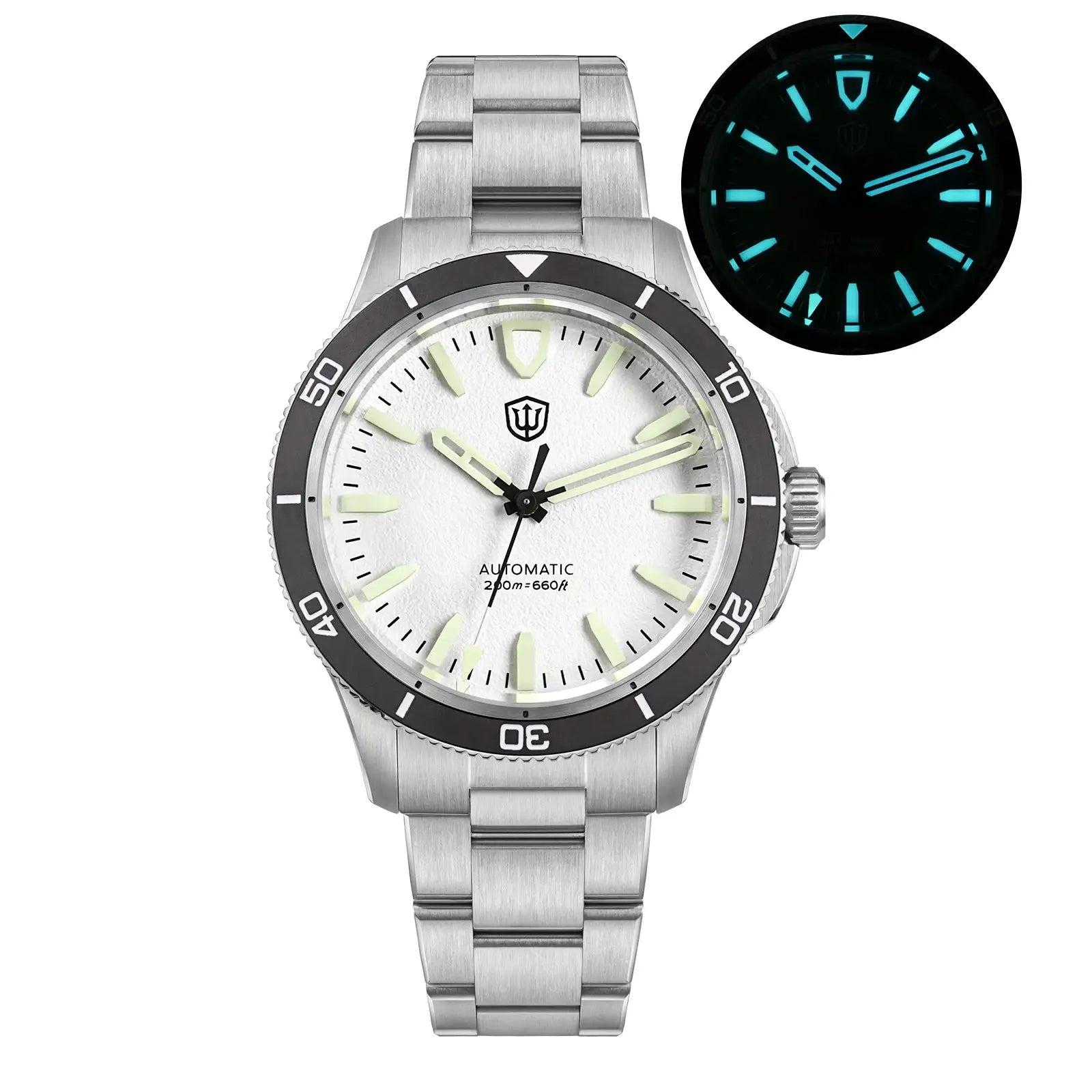 Watchdives Premier WD0019 automatic dive watch; steel bracelet, white dial, black ceramic bezel, luminous hands